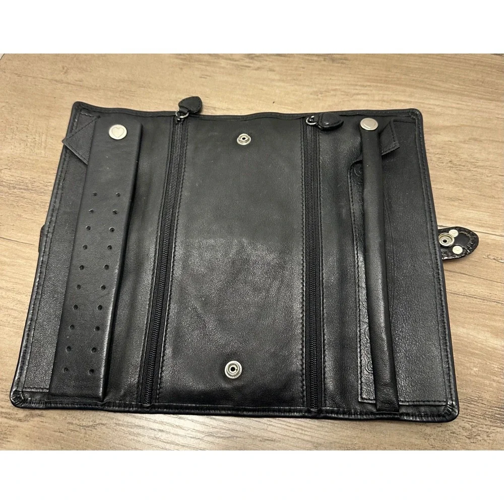 Brighton Black Leather Jewelry Organizer Roll Travel Heart‎ Charm Snap Closure